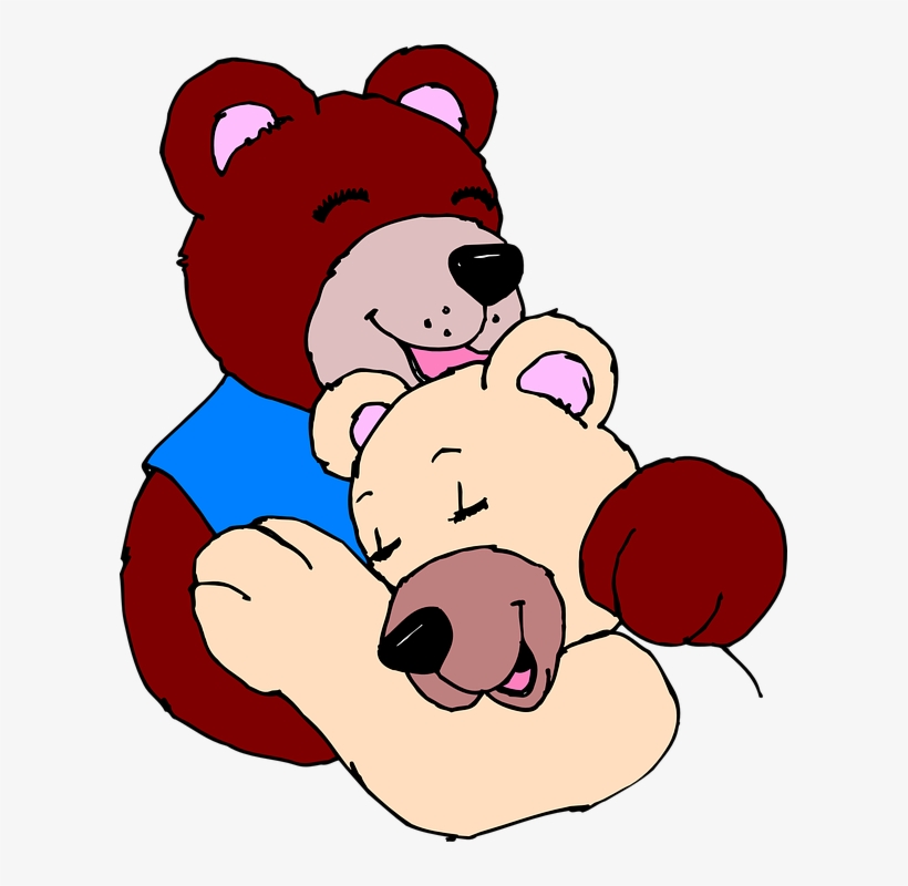 A red bear in a blue shirt hugs a smaller cream-colored bear affectionately; both smile with closed eyes.