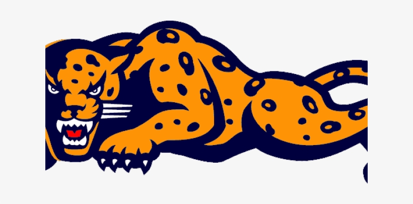 Stylized orange and navy blue leopard mascot in a pouncing pose with fierce expression and spotted coat.