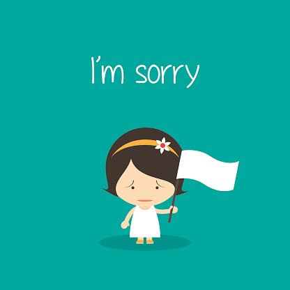 Sad cartoon girl holding white surrender flag with "I'm sorry" text above on teal background.
