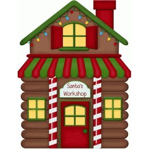Festive cartoon illustration of Santa’s Workshop-a log cabin with red-and-green striped awning, candy-cane pillars, and glowing windows.