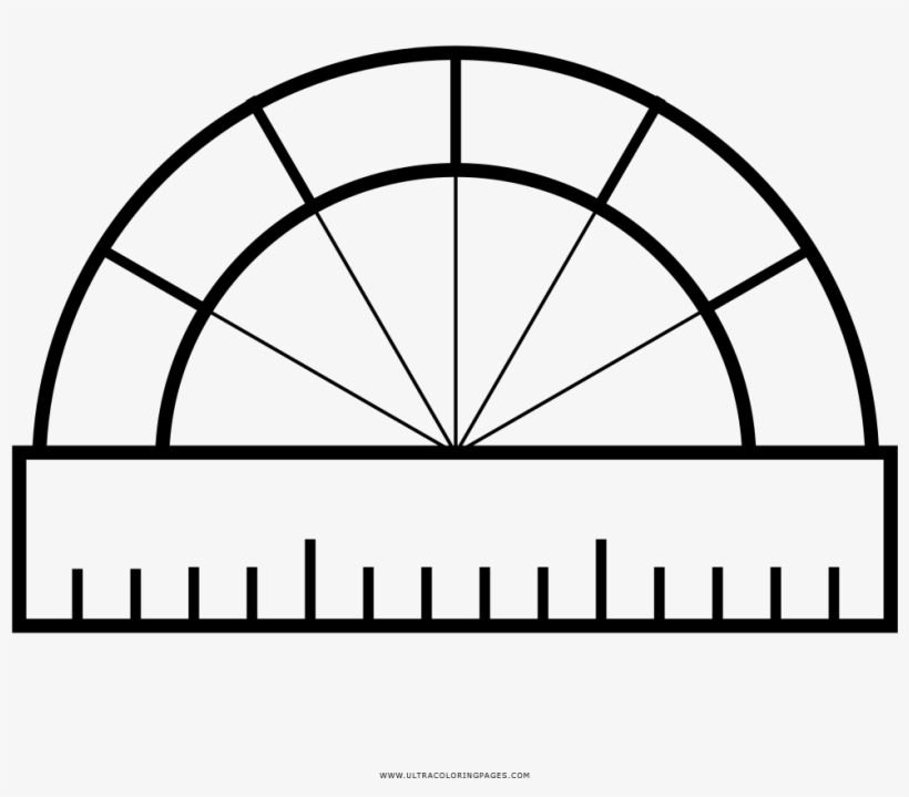 Black-and-white line drawing of a protractor with ruler base and degree markings.