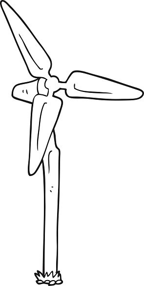 Simple line drawing of a three-blade wind turbine on a tall tower with grass base.