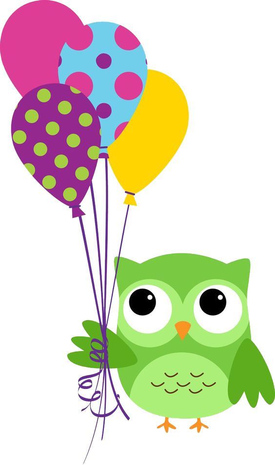 Green cartoon owl holding colorful polka-dot and solid balloons.