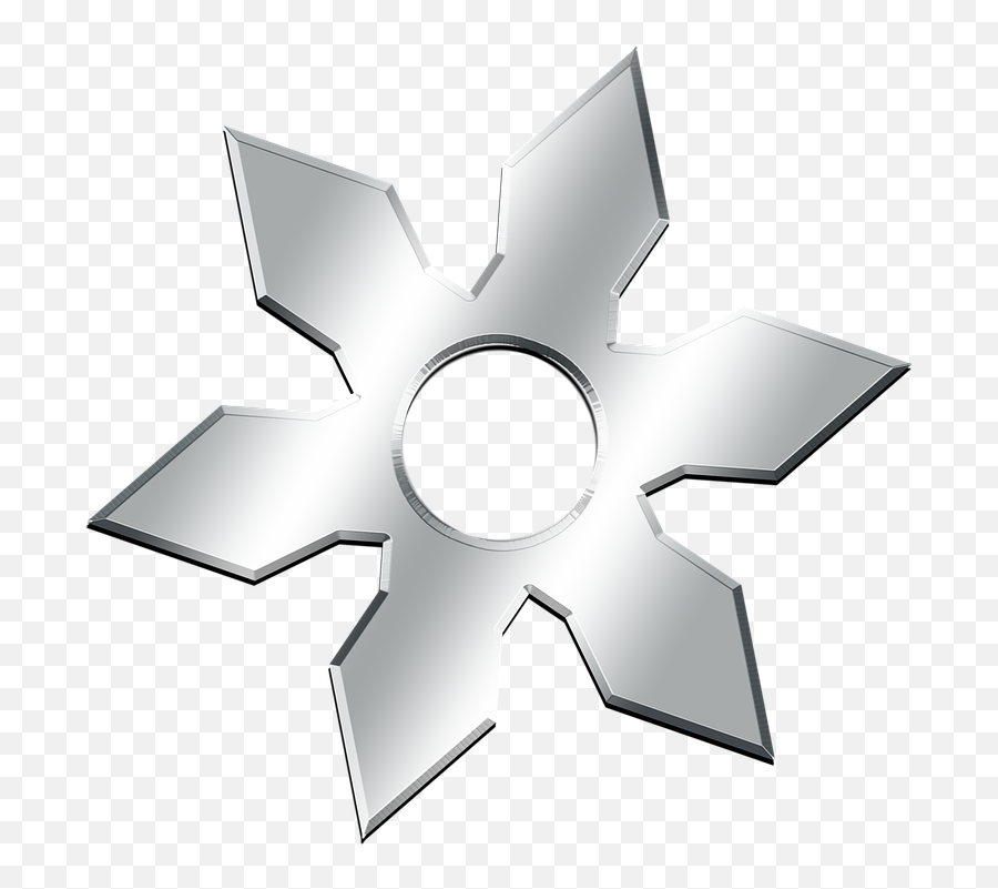 Metallic six-pointed shuriken with sharp edges and central hole, rendered in silver chrome on transparent background.