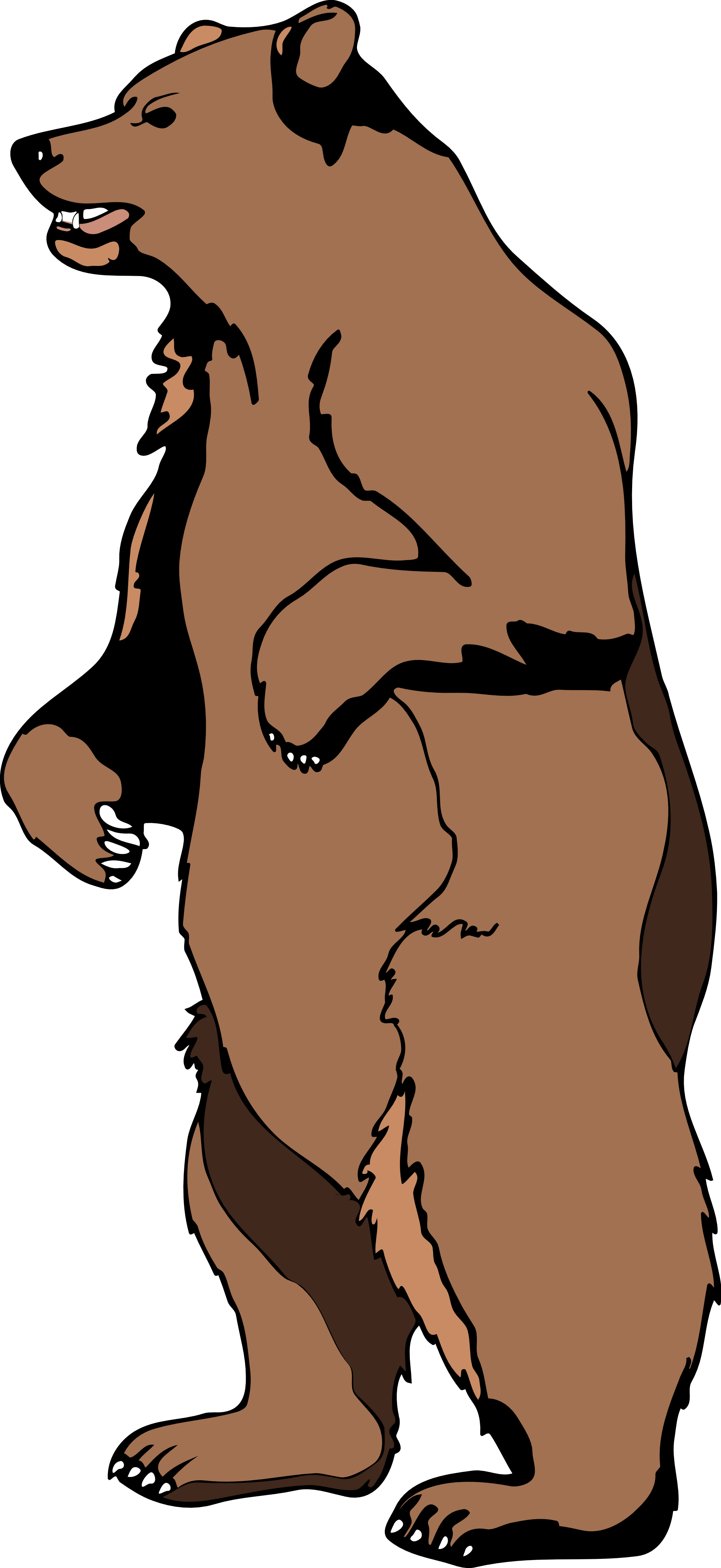 Stylized brown bear standing on hind legs, roaring with open mouth and visible teeth, cartoon illustration.