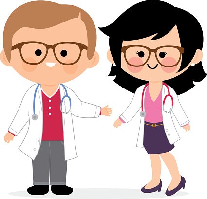 Two friendly cartoon doctors-a male and a female-wearing lab coats, stethoscopes, and glasses, smiling and gesturing warmly.
