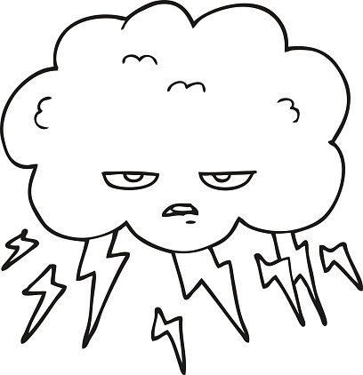 Angry cartoon storm cloud with glaring eyes and lightning bolts striking below.