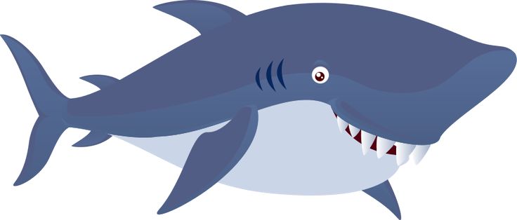 Friendly cartoon great white shark with sharp teeth and smiling expression, blue-gray body and white underbelly.