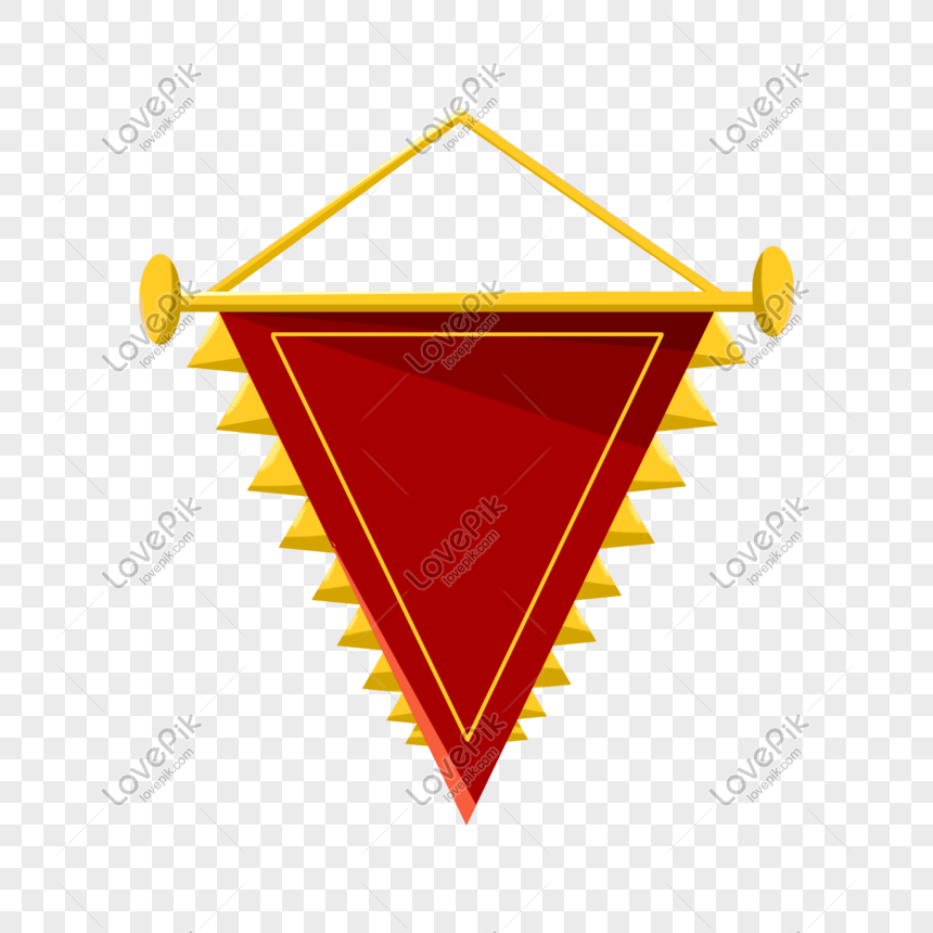 Red triangular banner with gold trim and hanging string, decorative pennant design on transparent background.