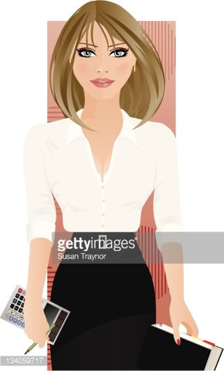 Professional woman in white blouse and black skirt holding calculator, tablet, and folder.