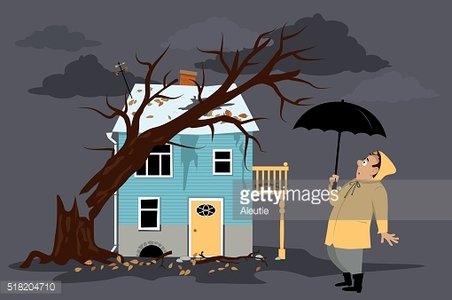 A cartoon man in raincoat holds umbrella beside storm-damaged blue house with fallen tree and broken roof.