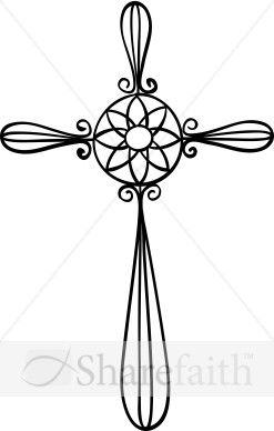 Ornate black-and-white Christian cross with floral center and scrollwork details.