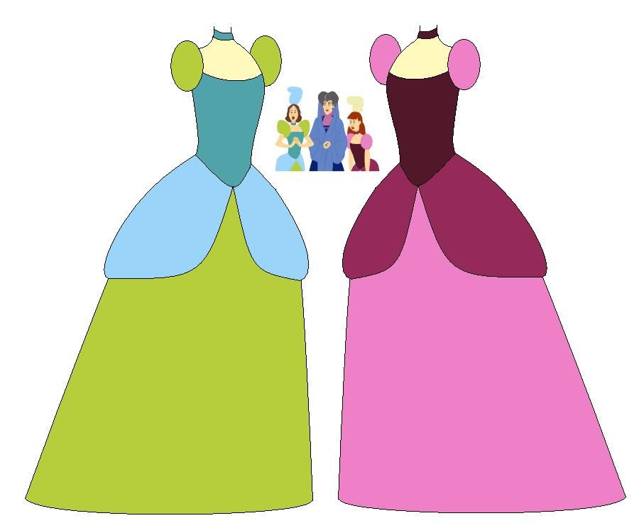 Two stylized princess gowns-green/blue and pink/maroon-with inset cartoon characters including a surprised woman, a cloaked figure, and two others.