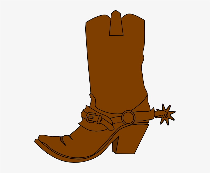 Brown cowboy boot with spur and decorative strap, side view illustration.