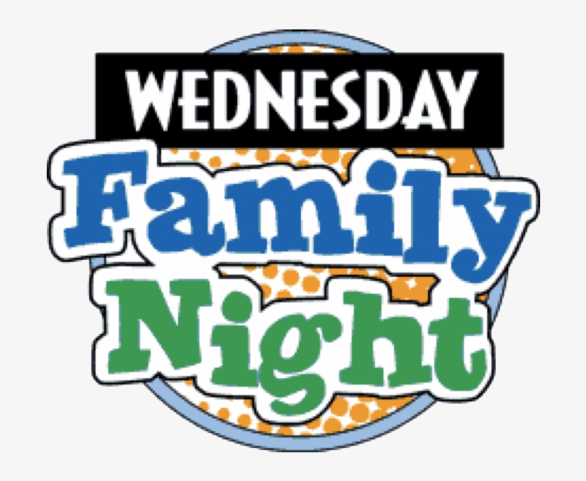Colorful logo for "Wednesday Family Night" with playful blue and green text over a polka-dotted circular background.