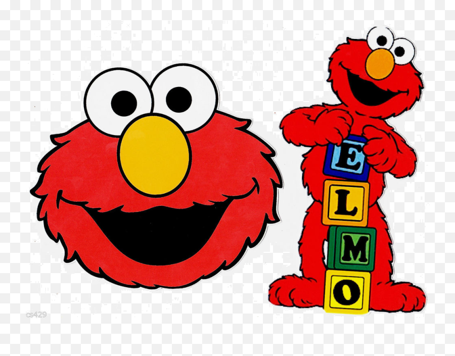 Elmo from Sesame Street smiling beside stacked alphabet blocks spelling "ELMO".