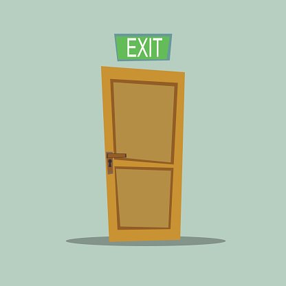 A wooden door with a green illuminated "EXIT" sign above it, set against a light teal background.