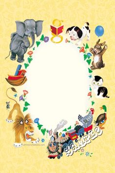 Colorful oval border illustration featuring playful animals, toys, and flowers on a yellow background, ideal for children's content.
