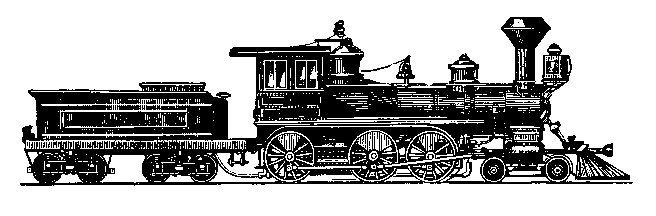 Vintage black-and-white illustration of a 19th-century steam locomotive with tender and cowcatcher.