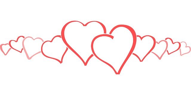 A horizontal arrangement of red and pink outlined hearts, varying in size, forming a decorative border or banner.