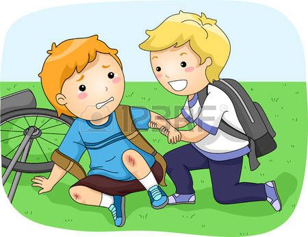 A boy with a scraped knee sits on grass beside his fallen bike while a friend kneels to help him up.