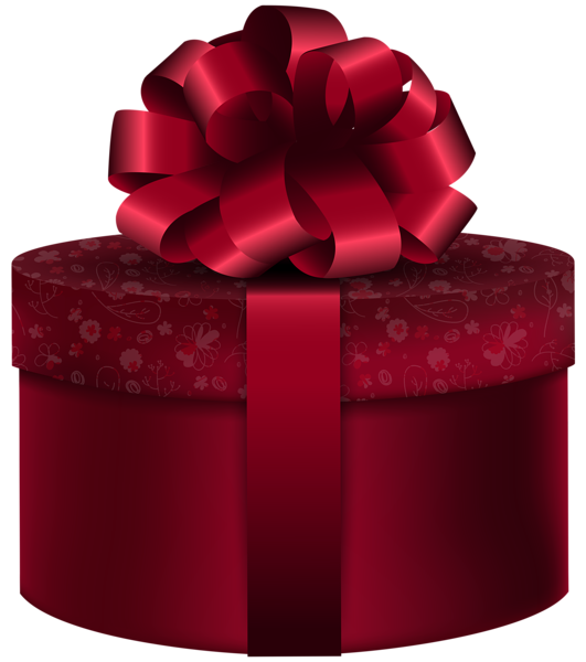 A red cylindrical gift box with floral-patterned lid and a glossy red ribbon bow on top.