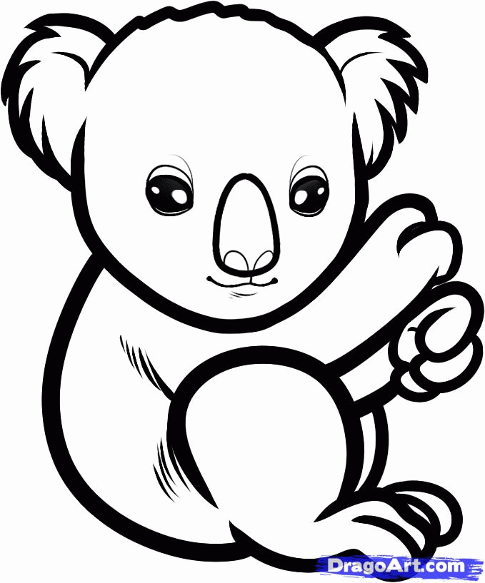 Cute cartoon koala waving with big eyes and fluffy ears, black-and-white line drawing.