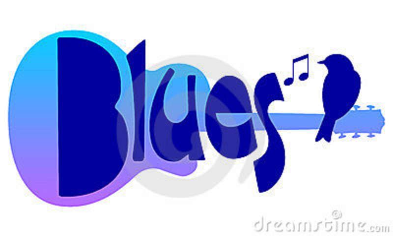 Stylized "Blues" text shaped like an electric guitar with a bird and musical note, in blue-to-purple gradient.