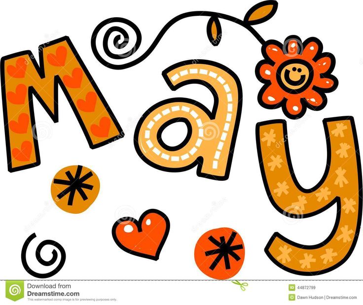 Playful hand-drawn "May" text with orange hearts, flowers, swirls, and star patterns on white background.
