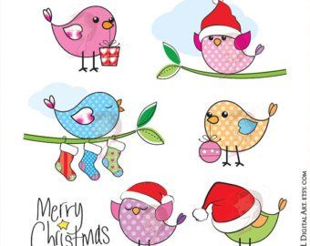 Cute cartoon birds in Christmas outfits-hats, stockings, gifts-perched on branches with festive cheer.