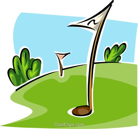 Cartoon-style golf course with two flagsticks on a green hill, shrubs, and blue sky background.