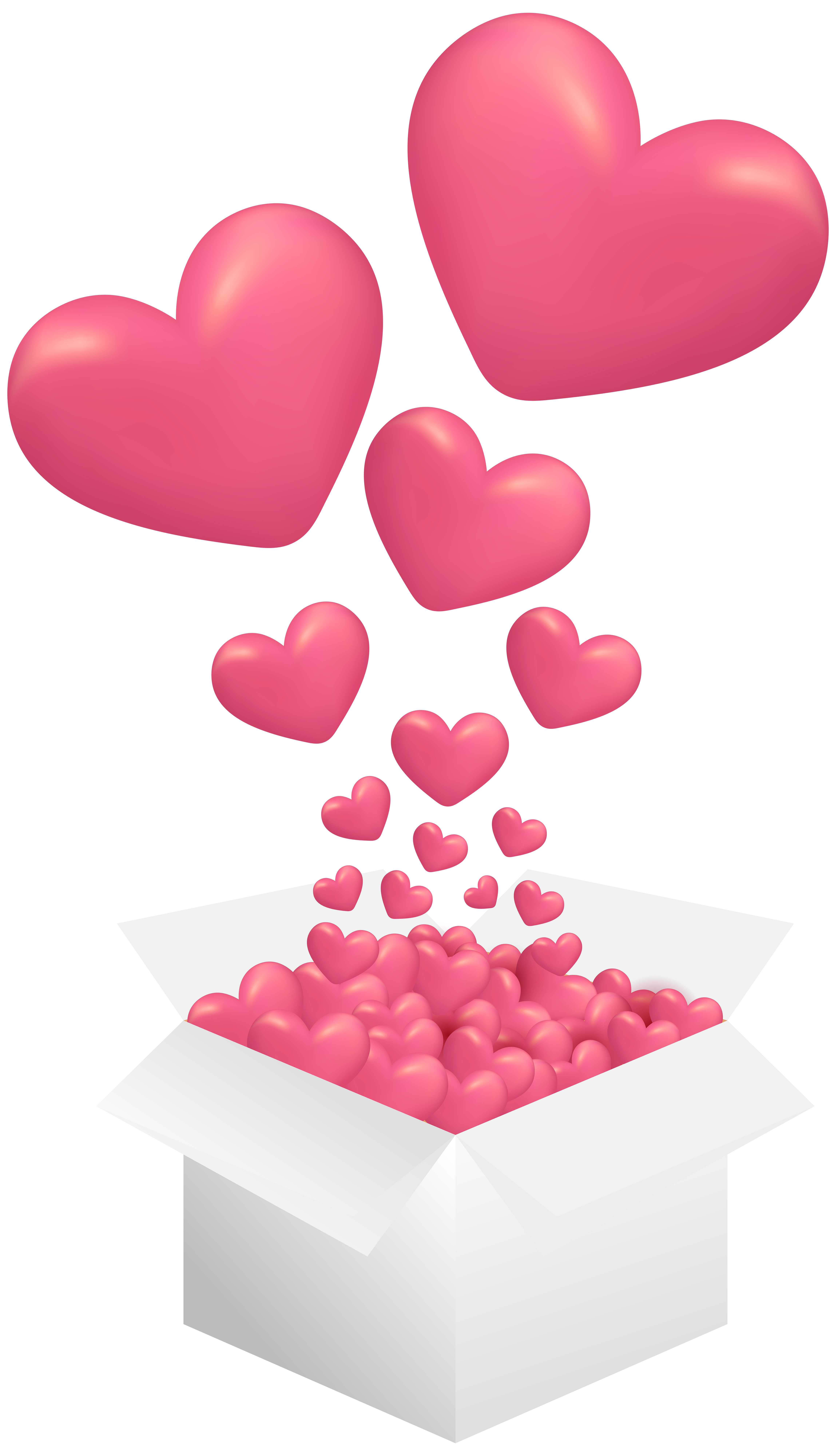 Pink heart-shaped candies spilling from a gift box with a red ribbon.