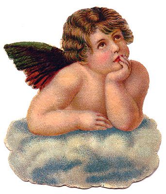 Vintage cherub with curly hair and green wings resting on a cloud, hand on chin in thoughtful pose.