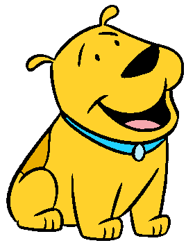 Cheerful yellow cartoon dog sitting with a wide smile and blue collar.