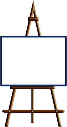 Wooden easel holding a blank white canvas with blue border, isolated on white background.