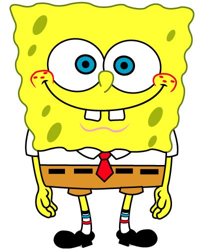 SpongeBob SquarePants smiling in his iconic white shirt, red tie, brown shorts, and black shoes.