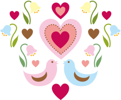 Two lovebirds facing each other beneath a layered heart motif, surrounded by flowers and smaller hearts in pastel tones.