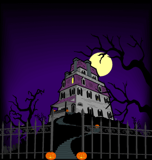 Spooky haunted mansion under a full moon with bare trees, jack-o'-lanterns, and a wrought-iron gate.
