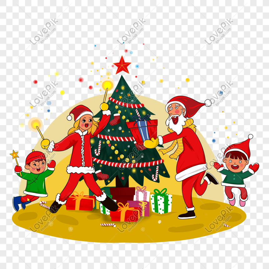 Santa, a woman in red, and two children celebrate around a decorated Christmas tree with gifts and sparklers.