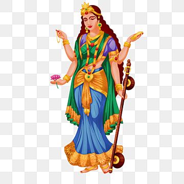 Hindu goddess Durga depicted with multiple arms, holding weapons and a lotus, wearing vibrant blue and green saree with gold ornaments.