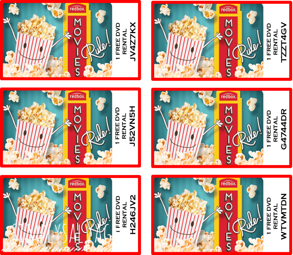 Redbox "Movies Rule!" promotional graphic with smiling popcorn bucket and scattered popcorn on teal background.