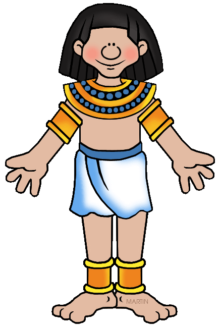 Cartoon illustration of an ancient Egyptian child wearing traditional attire including a collar, armbands, and kilt.