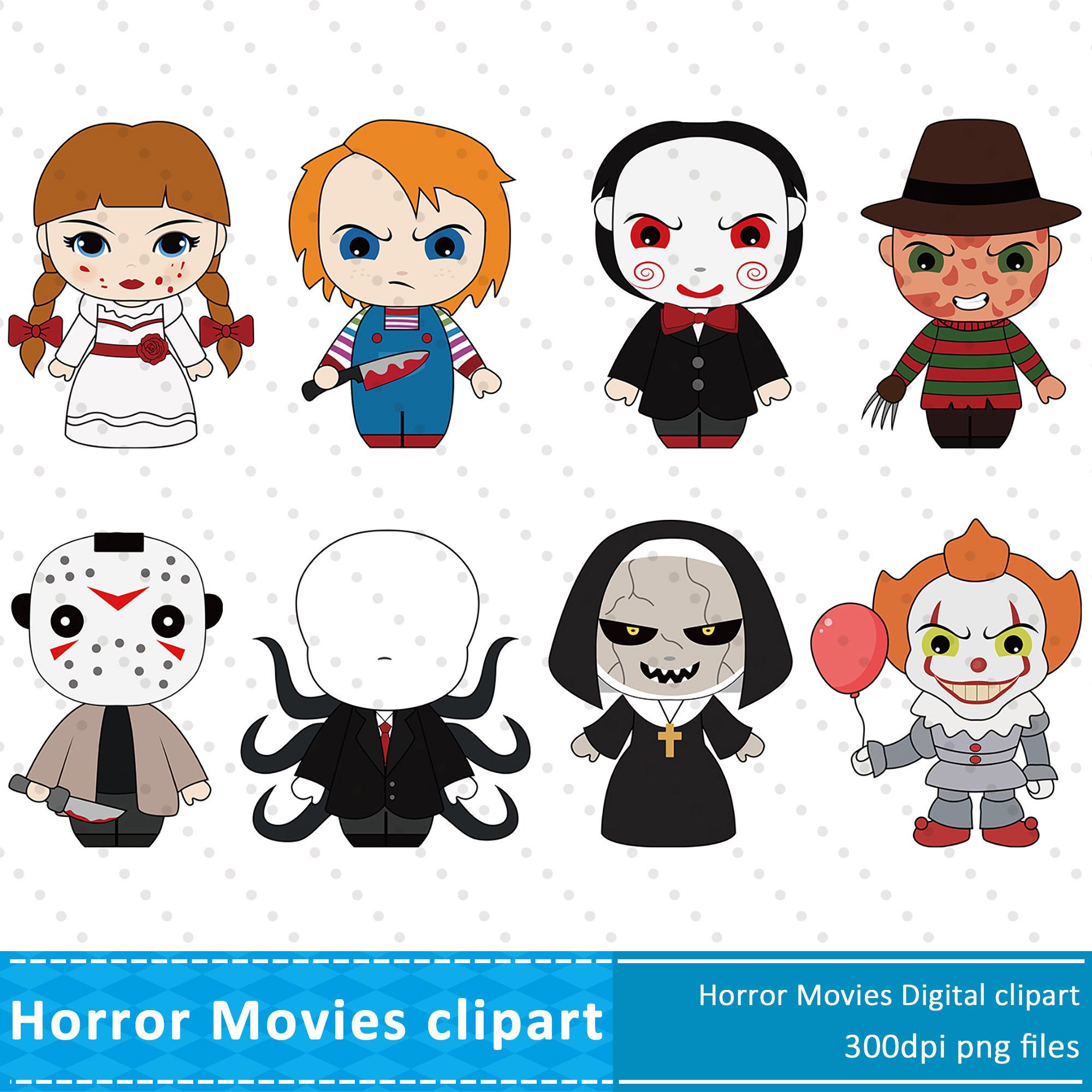 Cute chibi-style horror movie characters including Chucky, Pennywise, Jason, Freddy, and others in digital clipart format.