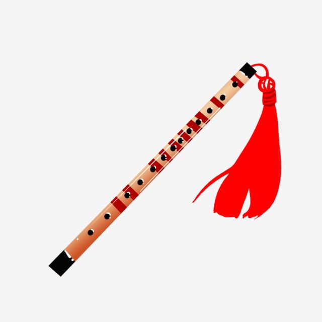 Traditional Chinese dizi flute with red tassel and decorative bands, angled on white background.