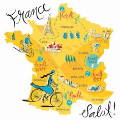 Illustrated map of France highlighting regions, landmarks like Eiffel Tower, and cultural icons such as cyclists and wine.