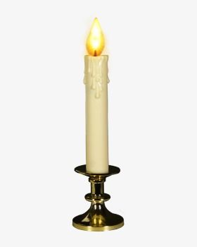 A lit ivory-colored candle with realistic wax drips sits in a polished brass candlestick holder against a white background.