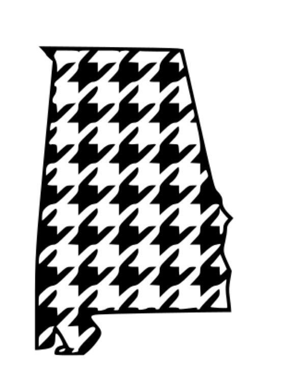 Alabama state outline filled with black-and-white houndstooth pattern.