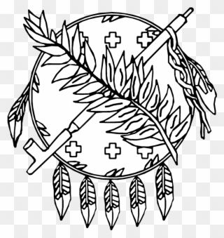 Black-and-white line drawing of a circular Indigenous-inspired emblem with feathers, crosses, and a staff.