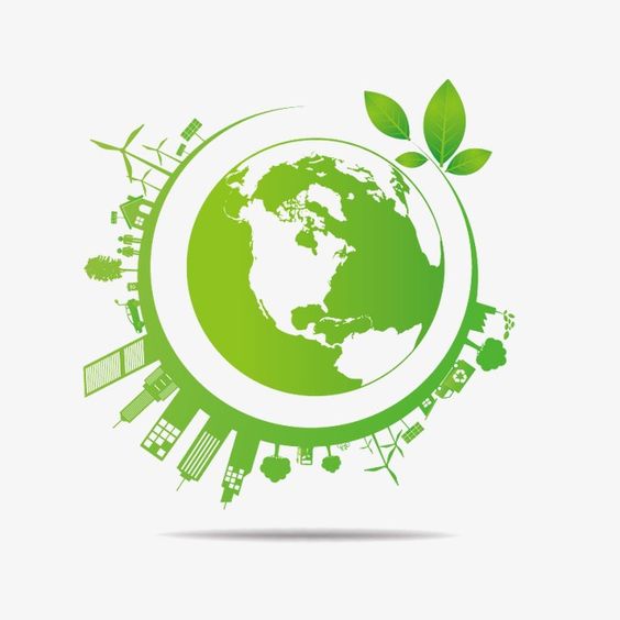 Green Earth icon surrounded by eco-friendly symbols like wind turbines, trees, and buildings, with leaf accents.