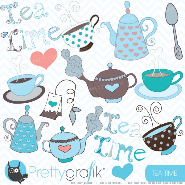 Whimsical tea time clipart with teapots, cups, hearts, steam swirls, and decorative text on a striped background.